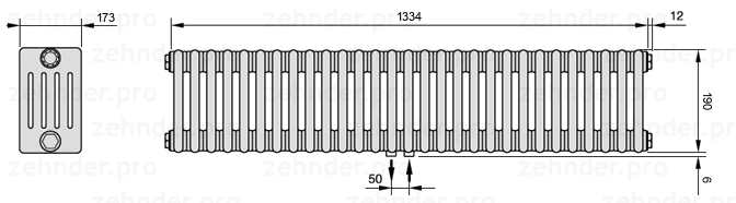 Схема (чертеж) Радиатор Zehnder Charleston 5019/29 №5410 Белый глянцевый RAL 9016